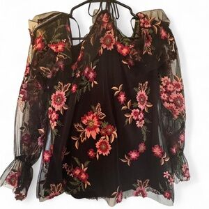 Supply & Demand Floral Embroidered Black Mesh Top/ off the shoulder / halter - L